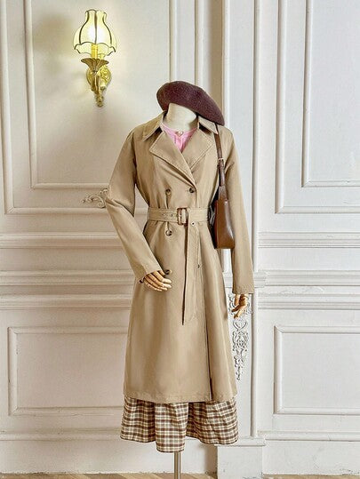 SHEIN MOD معطف خندق نسائي أكمام طويلة خصر كاكي كلاسيكي، شتوي، رأس السنة الجديدة