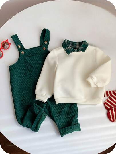 SHEIN مجموعة بنطلون أوفر أول أخضر مخطط مخملي وبلوزة بيج مبطنة للأطفال الرضع، طراز أساسي مريح وعملي وأنيق، مناسب للارتداء في الداخل والخارج والتزلج والاستخدام اليومي والرياضة واللعب والتصوير في فصلي الخريف والشتاء