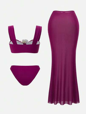 Swim Oasis مجموعة 3 قطع: ملابس علوية بكيني بزهرة لوتس ثلاثية الأبعاد باللون الأحمر التوت، وغطاء وتنورة