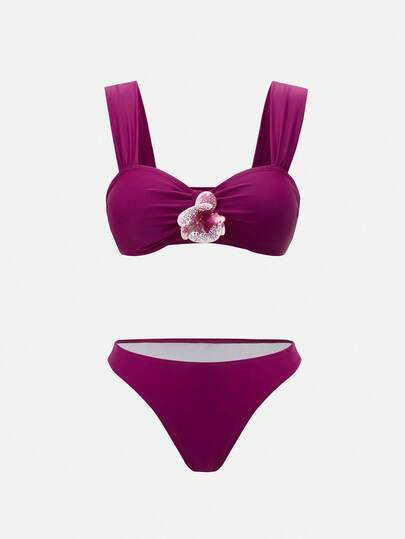 Swim Oasis مجموعة 3 قطع: ملابس علوية بكيني بزهرة لوتس ثلاثية الأبعاد باللون الأحمر التوت، وغطاء وتنورة