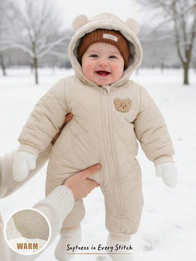 Cozy Pixies جمبسوت رضيع ولد/بنت مبطنة بالحرارة مع غطاء رأس على شكل دب كرتوني، أكمام طويلة، مريحة ومتعددة الاستخدامات للخريف/الشتاء