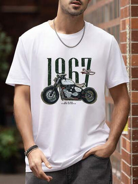 قميص تي شيرت كاجوال للرجال بأكمام قصيرة مطبوع عليه رسومات دراجات نارية وحروف، صيفي