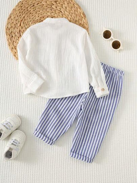 Cozy Pixies مجموعة من قطعتين للأطفال الصبيان، قميص كلاسيكي بياقة وأكمام طويلة مخطط وبنطال مخطط بخصر مطاطي، مناسب للخروجات والألعاب والارتداء اليومي والأعياد والحفلات