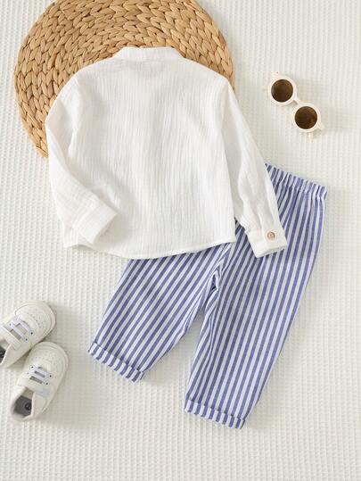 Cozy Pixies مجموعة من قطعتين للأطفال الصبيان، قميص كلاسيكي بياقة وأكمام طويلة مخطط وبنطال مخطط بخصر مطاطي، مناسب للخروجات والألعاب والارتداء اليومي والأعياد والحفلات