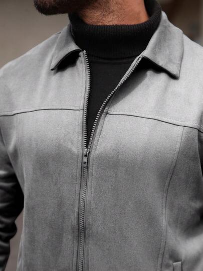Manfinity CasualCool معطف رجالي أحادي اللون بأكمام طويلة من الفليس المخملي، جاكيت رجالية بسيطة للاستخدام اليومي، جاكيت رمادية بسحاب للرجال، سترات كاجوال للشتاء