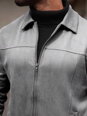 Manfinity CasualCool معطف رجالي أحادي اللون بأكمام طويلة من الفليس المخملي، جاكيت رجالية بسيطة للاستخدام اليومي، جاكيت رمادية بسحاب للرجال، سترات كاجوال للشتاء