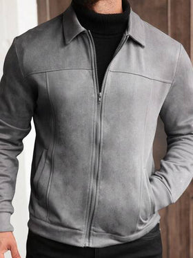 Manfinity CasualCool معطف رجالي أحادي اللون بأكمام طويلة من الفليس المخملي، جاكيت رجالية بسيطة للاستخدام اليومي، جاكيت رمادية بسحاب للرجال، سترات كاجوال للشتاء