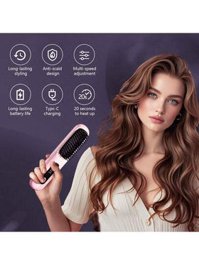 مشط تسريح الشعر اللاسلكي للنساء - فرشاة مستقيمة محمولة قابلة لإعادة الشحن عبر USB، مشط ساخن سالب الأيونات بتصميم مقاوم للحروق، 3 إعدادات درجة حرارة وتسخين سريع ل- 30 ثانية، بطارية 2000 مللي أمبير تستمر ل- 30 دقيقة من الاستخدام المستمر، هدية مثالية لعيد...