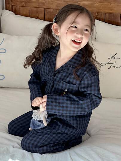 Dazy Kids طقم بيجامة ملابس علوية كم طويل مطرزة وبنطلون مربعات للفتيات، ملابس خريفية للفتيات الصغيرات رمضان