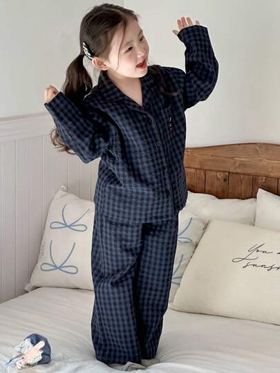 Dazy Kids طقم بيجامة ملابس علوية كم طويل مطرزة وبنطلون مربعات للفتيات، ملابس خريفية للفتيات الصغيرات رمضان