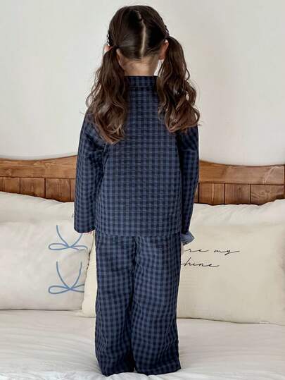 Dazy Kids طقم بيجامة ملابس علوية كم طويل مطرزة وبنطلون مربعات للفتيات، ملابس خريفية للفتيات الصغيرات رمضان