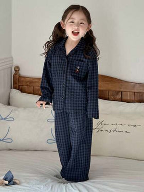 Dazy Kids طقم بيجامة ملابس علوية كم طويل مطرزة وبنطلون مربعات للفتيات، ملابس خريفية للفتيات الصغيرات رمضان