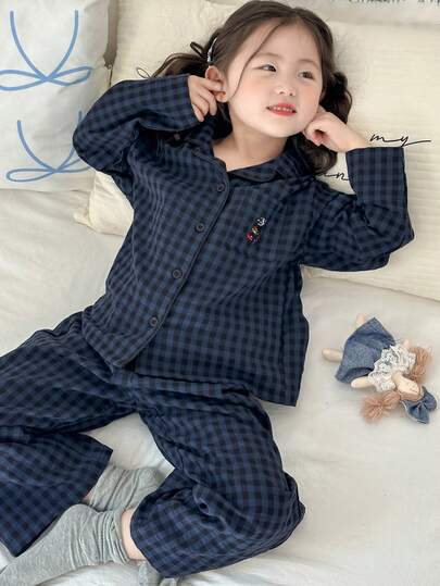 Dazy Kids طقم بيجامة ملابس علوية كم طويل مطرزة وبنطلون مربعات للفتيات، ملابس خريفية للفتيات الصغيرات رمضان