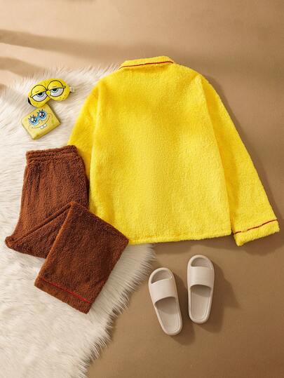 SpongeBob SquarePants | SHEIN طقم ملابس داخلية مريحة للرجال مطرز بالرسوم الكرتونية، بأكمام طويلة وبنطال، للخريف والشتاء