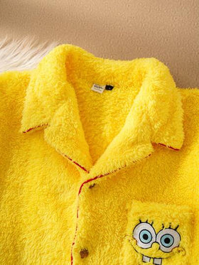 SpongeBob SquarePants | SHEIN طقم ملابس داخلية مريحة للرجال مطرز بالرسوم الكرتونية، بأكمام طويلة وبنطال، للخريف والشتاء