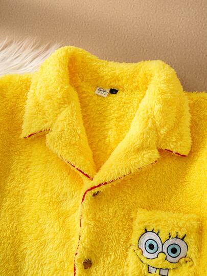 SpongeBob SquarePants | SHEIN طقم ملابس داخلية مريحة للرجال مطرز بالرسوم الكرتونية، بأكمام طويلة وبنطال، للخريف والشتاء