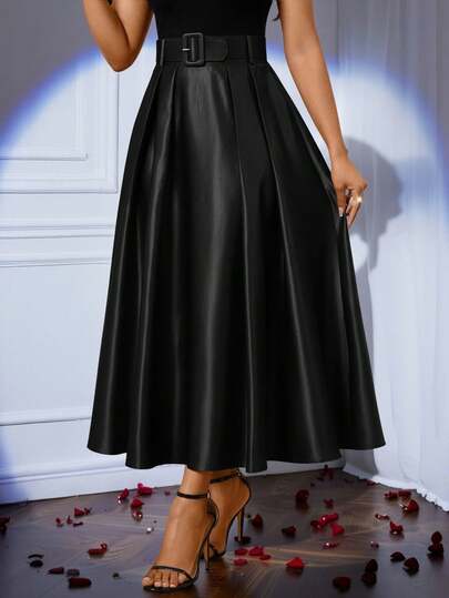 SHEIN Lady تنورة طويلة ذات خصر مطوي بلون أحادي للنساء