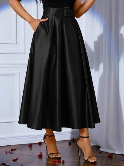 SHEIN Lady تنورة طويلة ذات خصر مطوي بلون أحادي للنساء