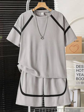 SHEIN Vacaura 2 قطعة/مجموعة ملابس لفصول الربيع / الصيف / الخريف، بنطلون قصير وقميص كاجوال رياضي بحزمة رمادية متقلمة، للمراهقين