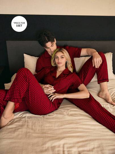 CoupledUp بيجامة رجالية بياقة مطبوعة بنمط المربعات مع تريم متباين