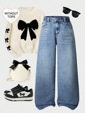 SHEIN ChillGRL جينز واسع الساق مهترئ مرصع بالراين بتصميم فراشة مناسب للبنات المراهقات، مناسب للخروجات العادية في فصلي الخريف والشتاء، المدرسة، الحفلات، موسم العودة إلى المدرسة، جينز واسع الساق فضفاض Y2K أصدقاء الكرز