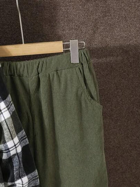 Vacaura طقم قميص كم طويل ياقة مزخرفة وبنطال خصر مطاطي من الكوردروي 3 مواسم للمراهقين، كاجوال للخارج