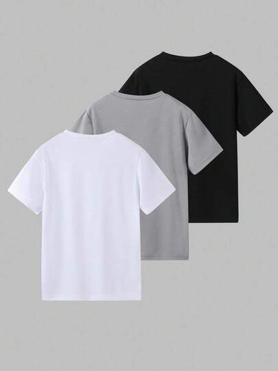 SHEIN Vacaura 3 قطع/طقم ملابس علوية كرو نيك للفتى المراهق بتزيين تطريزي ، ملابس علوية أكمام قصيرة ، ربيع/صيف