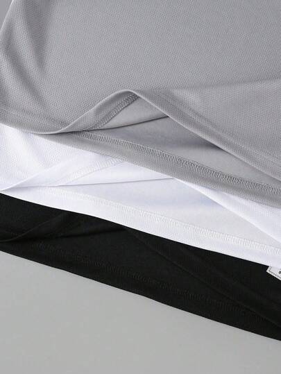 SHEIN Vacaura 3 قطع/طقم ملابس علوية كرو نيك للفتى المراهق بتزيين تطريزي ، ملابس علوية أكمام قصيرة ، ربيع/صيف