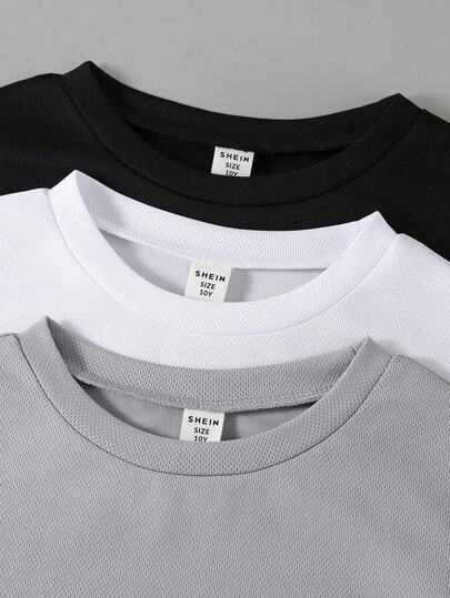 SHEIN Vacaura 3 قطع/طقم ملابس علوية كرو نيك للفتى المراهق بتزيين تطريزي ، ملابس علوية أكمام قصيرة ، ربيع/صيف