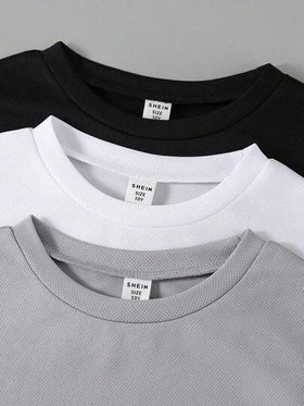 SHEIN Vacaura 3 قطع/طقم ملابس علوية كرو نيك للفتى المراهق بتزيين تطريزي ، ملابس علوية أكمام قصيرة ، ربيع/صيف