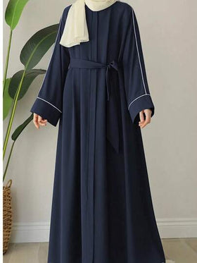 عباءة نسائية فضفاضة على الطراز التركي الإماراتي الشرق أوسطي باللون الأسود مع سحاب وحزام، أبايا بأكمام طويلة