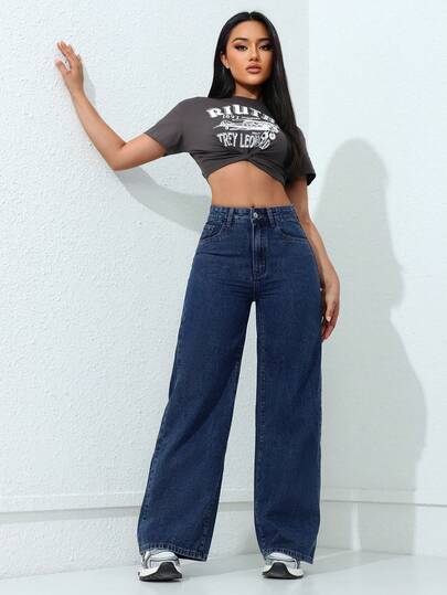 SHEIN ICON سراويل جينز نسائية ذات خصر عالي وجيوب، واسعة الساق، متعددة الاستخدامات