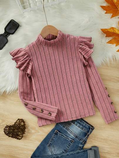 SHEIN تي شيرت أكمام مكشكشة مزين بأزرار لون أساسي مجعد، أكمام طويلة للفتيات المراهقات للعطلات