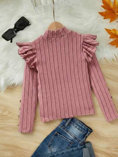 SHEIN تي شيرت أكمام مكشكشة مزين بأزرار لون أساسي مجعد، أكمام طويلة للفتيات المراهقات للعطلات