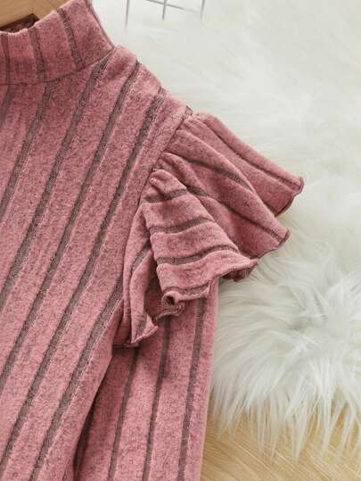 SHEIN تي شيرت أكمام مكشكشة مزين بأزرار لون أساسي مجعد، أكمام طويلة للفتيات المراهقات للعطلات