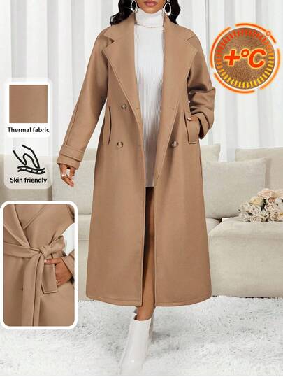 SHEIN Lady معطف صوفي طويل كاجوال ذو ياقة واسعة وأكمام طويلة مزدوج الصدر، لون أحادي، للخريف/الشتاء