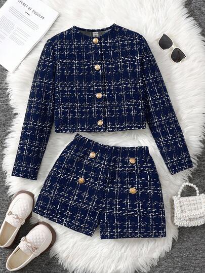 SHEIN Serisse Kids طقم جاكيت وشورت كاروهات أنيق للفتيات المراهقات بأكمام طويلة وأحادي الصدر