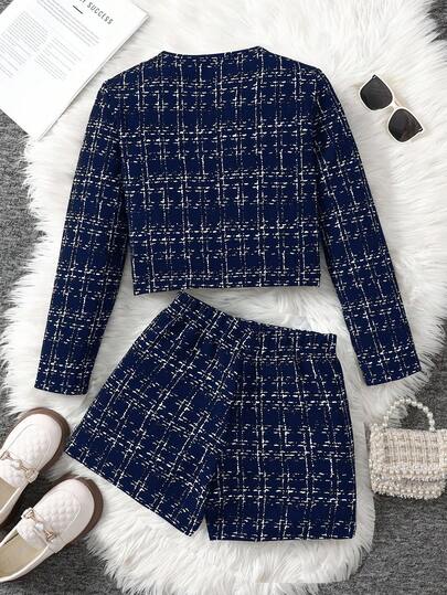 SHEIN Serisse Kids طقم جاكيت وشورت كاروهات أنيق للفتيات المراهقات بأكمام طويلة وأحادي الصدر