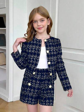 SHEIN Serisse Kids طقم جاكيت وشورت كاروهات أنيق للفتيات المراهقات بأكمام طويلة وأحادي الصدر