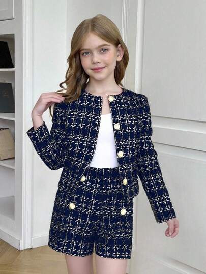 SHEIN Serisse Kids طقم جاكيت وشورت كاروهات أنيق للفتيات المراهقات بأكمام طويلة وأحادي الصدر