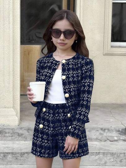 SHEIN Serisse Kids طقم جاكيت وشورت كاروهات أنيق للفتيات المراهقات بأكمام طويلة وأحادي الصدر