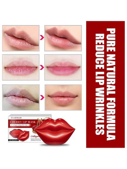 20 قطعة/عبوة قناع الشفاه الكرزي، مرطب ومرطب بحمض الهيالورونيك والحرير، لاستخدام النهار والليل، مكونات نباتية، 60 جرام