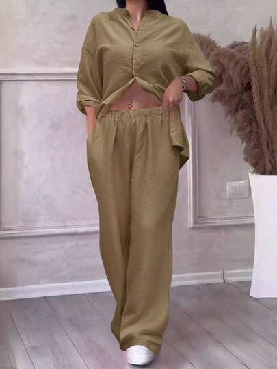 كاردجان نسائي كاجوال مفتوح لون سادة أنيق ملابس علوية مناسبة للشاطئ والارتداء اليومي والعمل والمناسبات الكاجوال ، قماش ناعم ، بنطال فضفاض بخصر بسحاب ، طقم قطعتين مناسب للربيع والصيف والخريف