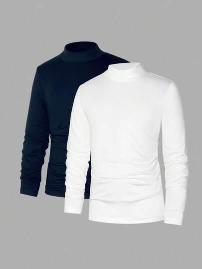 SHEIN Vacaura قميصان داخليان أساسيان بياقة عالية للأولاد، 2 قطعة/مجموعة