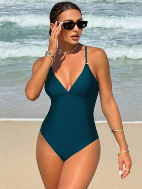 SHEIN Swim مايوه متكامل بحمالات سباغيتي خلفية بلون سادة، بسيط ومثالي لشاطئ الصيف