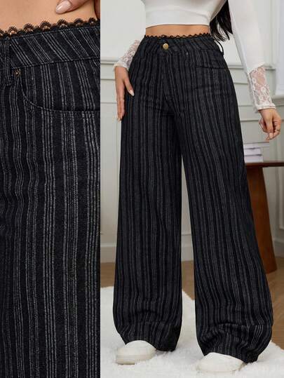 SHEIN Tall بنطلون جينز أسود ذو ساق واسعة مع تفاصيل الكشكشة والشريط الأنيق للخصر، موضة شتوية أنيقة للنساء