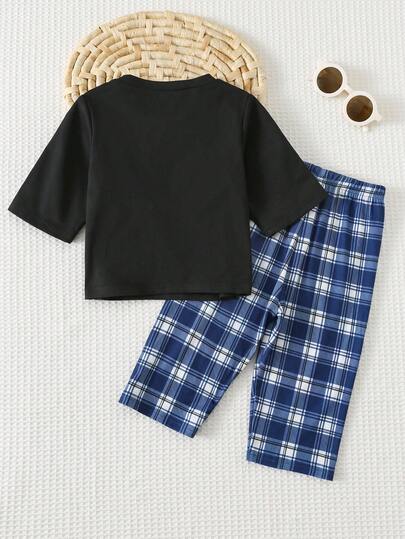 Cozy Pixies مجموعة ملابس علوية كم قصير بياقة مستديرة ناعم ذو طبعة دب كرتوني وبنطلون مربع للأطفال الصبيان، قطعتان
