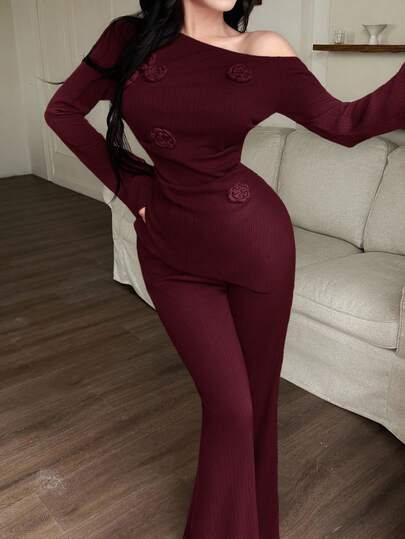 Feyla طقم ملابس علوية كاجوال بكتف مائل وبنطلون قطعتين للنساء