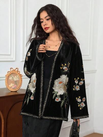 EastFlair معطف كاجوال فضفاض مفتوح الأمام بأكمام طويلة وياقة مطرزة بالزهور