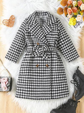 SHEIN Elladie kids معطف طباعة نقش مسنن صف ازرار مزدوجة حزام تويد قطعة واحدة بنت طفل